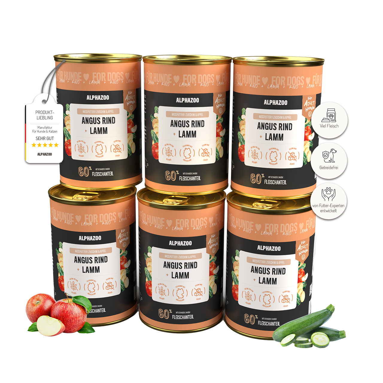 Angus Rind + Lamm Nassfutter für Hunde – 60% Fleisch, mit Leinöl, Apfel & Grünlippmuschel