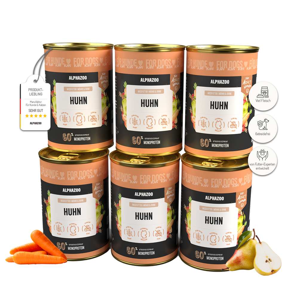 Monoprotein Huhn Nassfutter für Hunde – 60% Fleisch, mit Möhren, Birne, Hagebutte & Hanföl