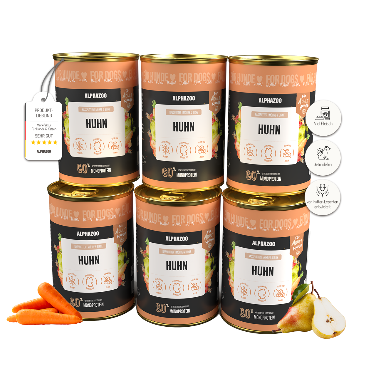 Monoprotein Huhn Nassfutter für Hunde – 60% Fleisch, mit Möhren, Birne, Hagebutte & Hanföl