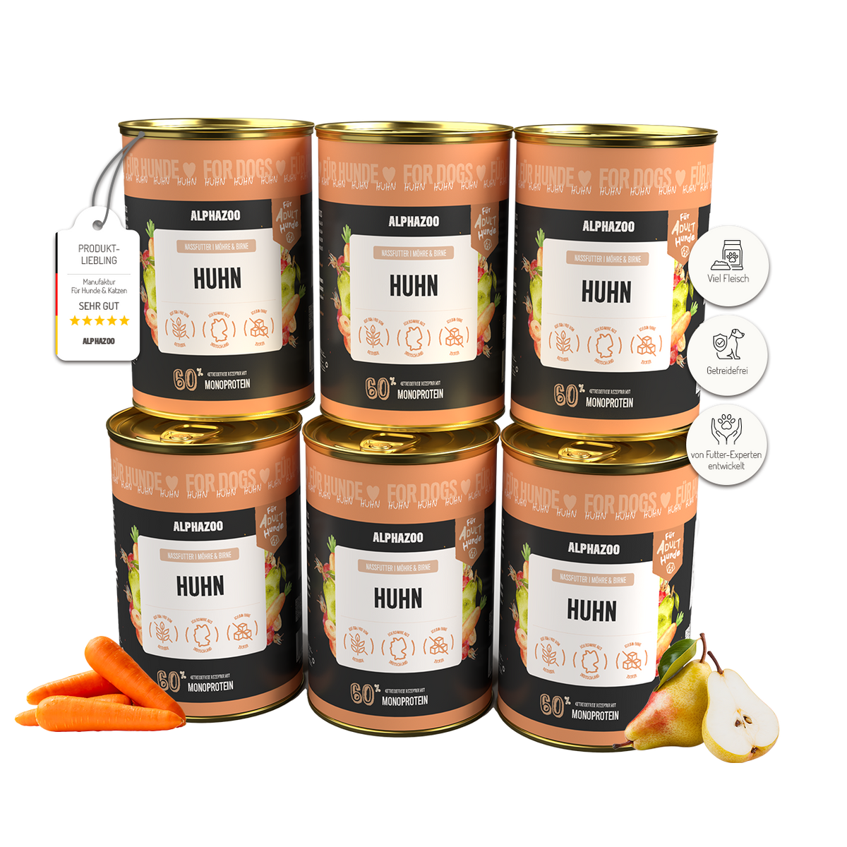 Monoprotein Huhn Nassfutter für Hunde – 60% Fleisch, mit Möhren, Birne, Hagebutte & Hanföl