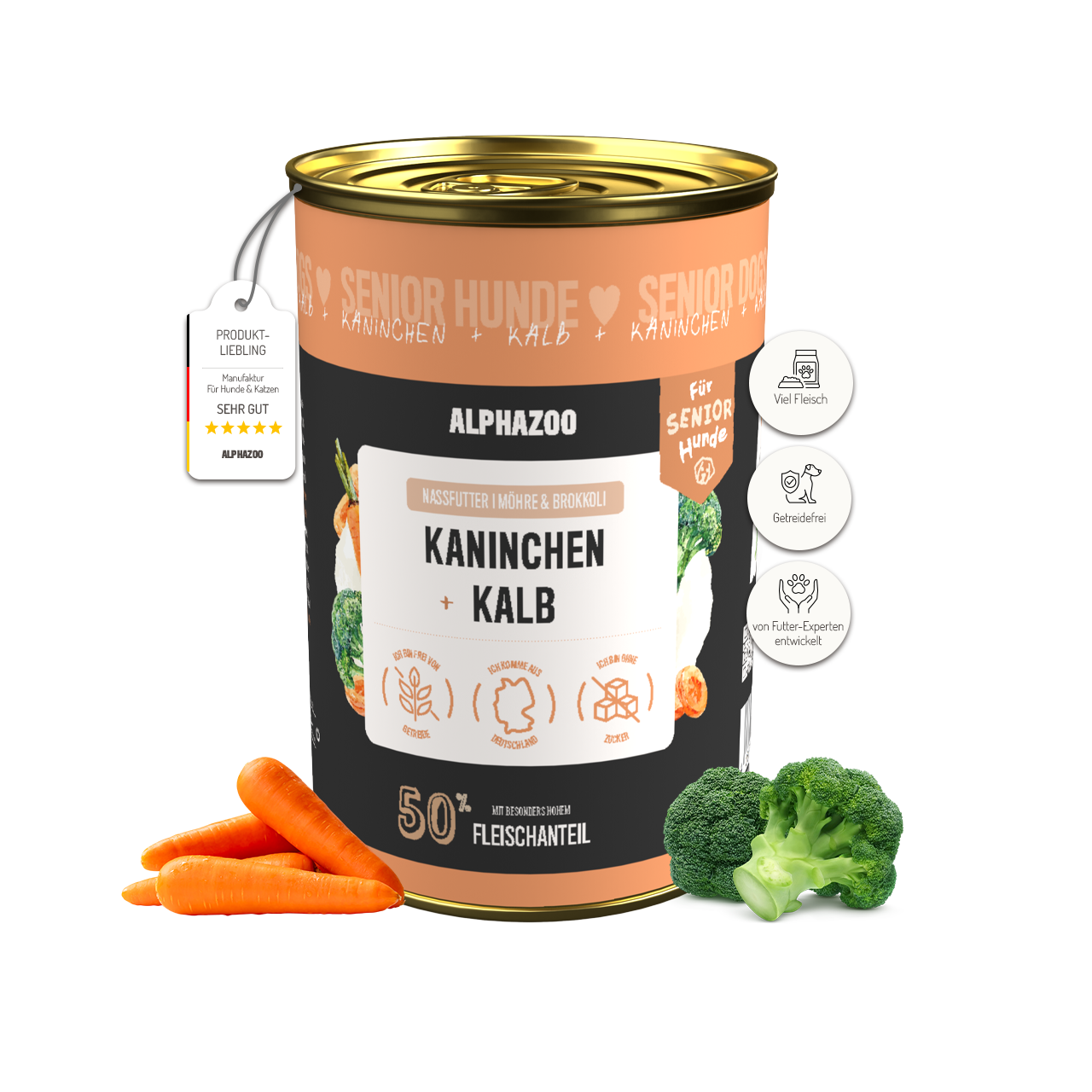 Kaninchen + Kalb Nassfutter für Senior Hunde – 50% Fleisch, leicht verdaulich, mit Hanföl