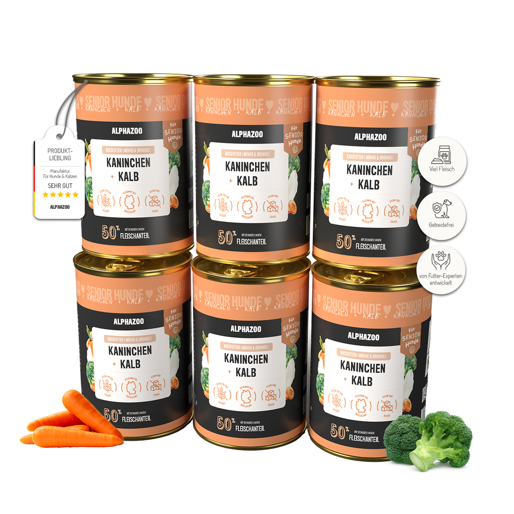 Kaninchen + Kalb Nassfutter für Senior Hunde – 50% Fleisch, leicht verdaulich, mit Hanföl