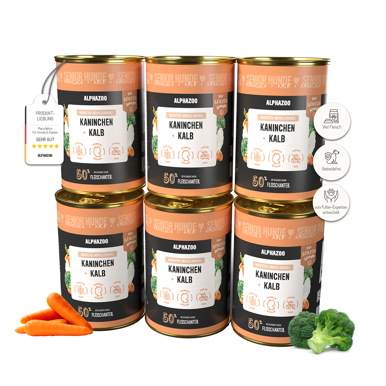 Kaninchen + Kalb Nassfutter für Senior Hunde – 50% Fleisch, leicht verdaulich, mit Hanföl