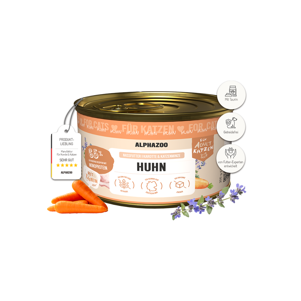 Monoprotein Huhn Nassfutter für Katzen – 65% Fleisch, mit Lachsöl, Karotten & Grünlippmuschel