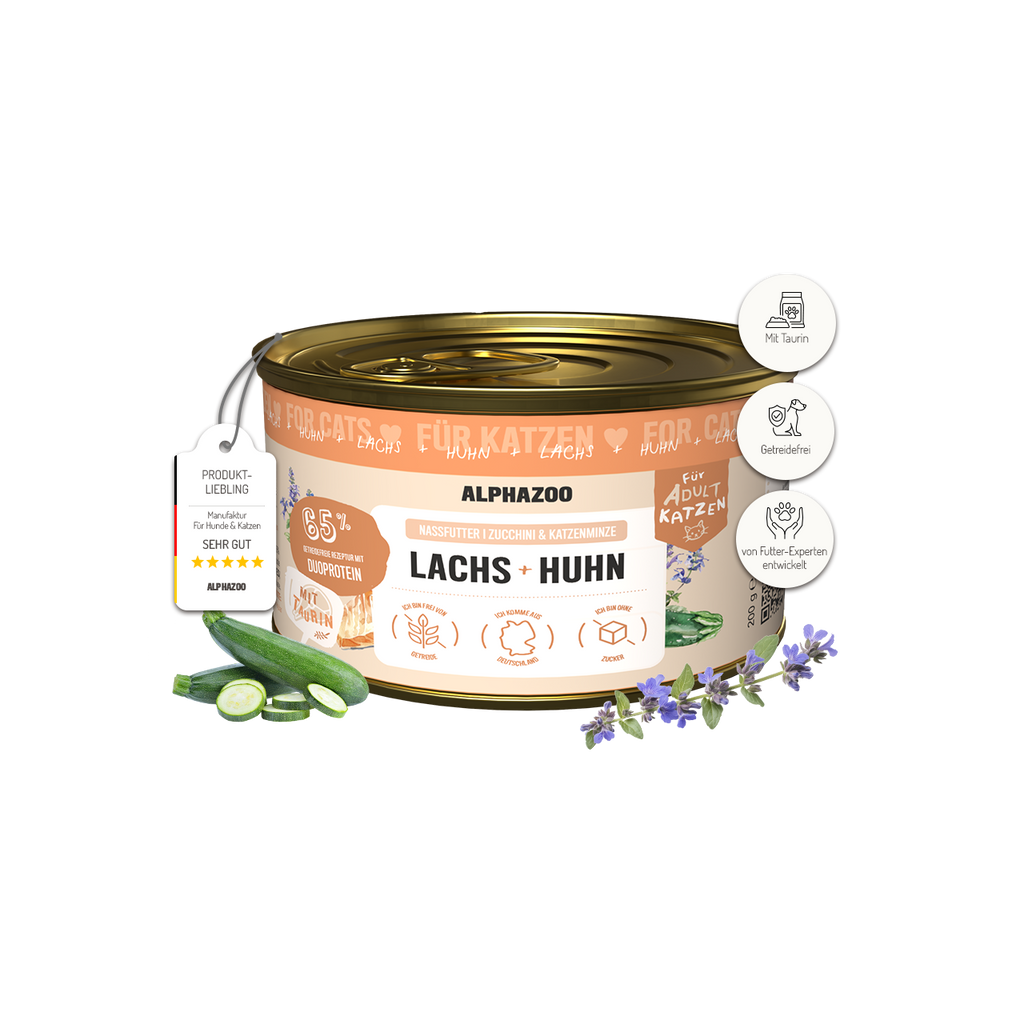 Lachs + Huhn Nassfutter für Katzen – 65% Fleisch, mit Lachsöl, Zucchini & Katzenminze