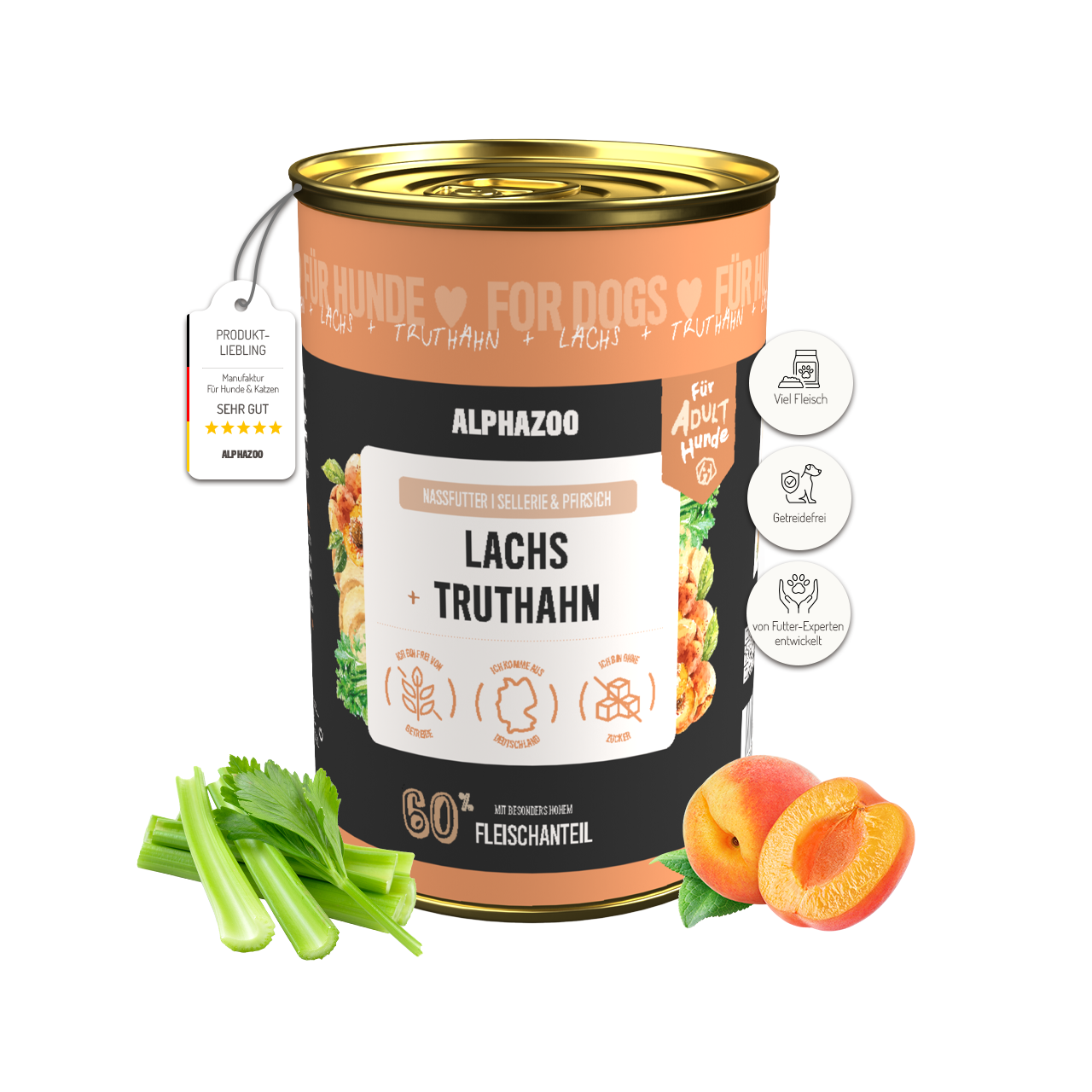 Lachs + Truthahn Nassfutter für Hunde – 60% Fleisch & Fisch, mit Omega-3, Pfirsich & Hanföl