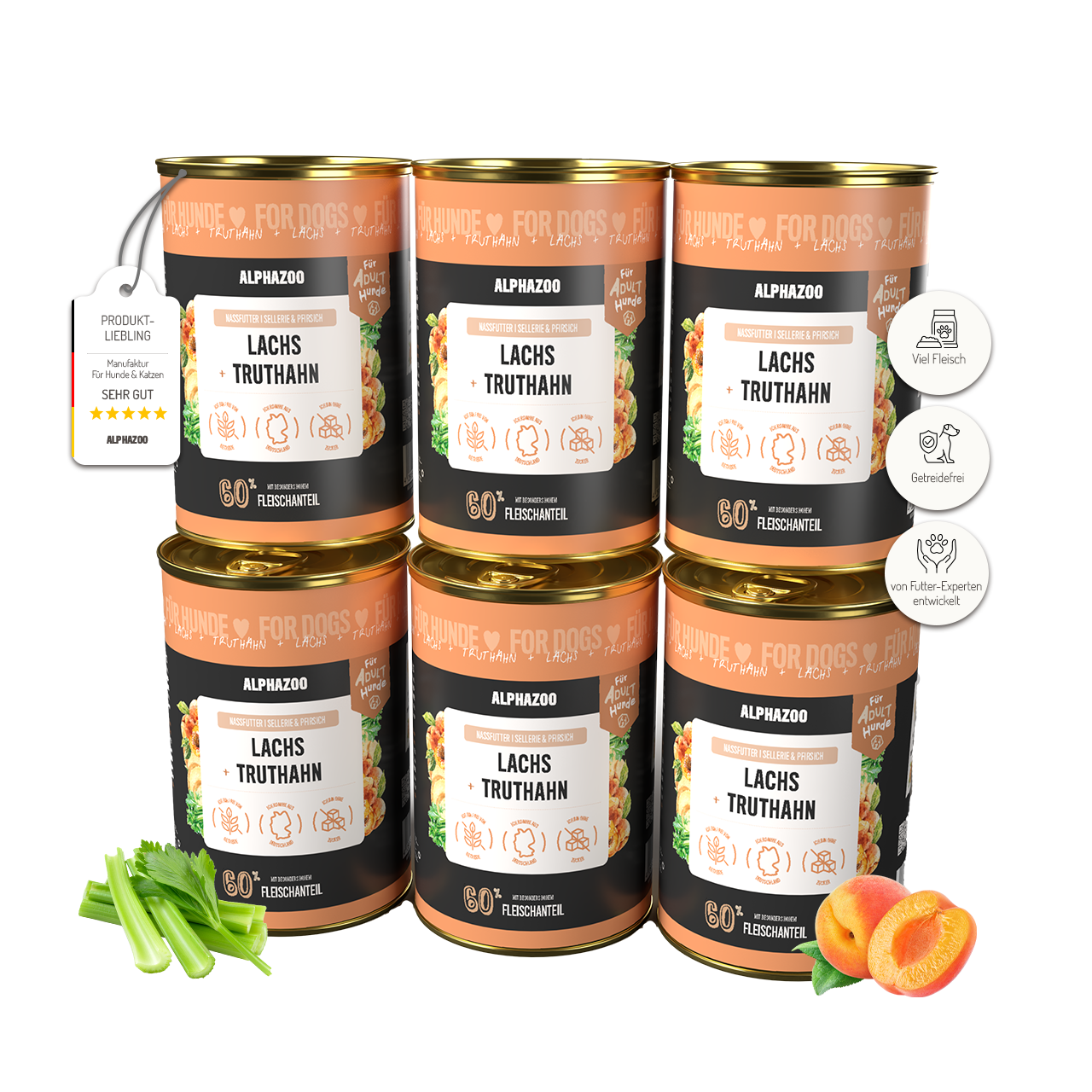 Lachs + Truthahn Nassfutter für Hunde – 60% Fleisch & Fisch, mit Omega-3, Pfirsich & Hanföl