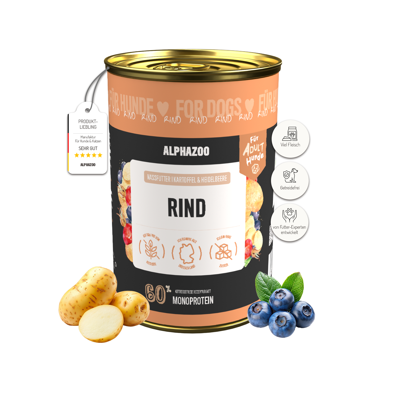 Monoprotein Rind Nassfutter für Hunde – 60% Fleisch, mit Heidelbeere, Hagebutte & Hanföl