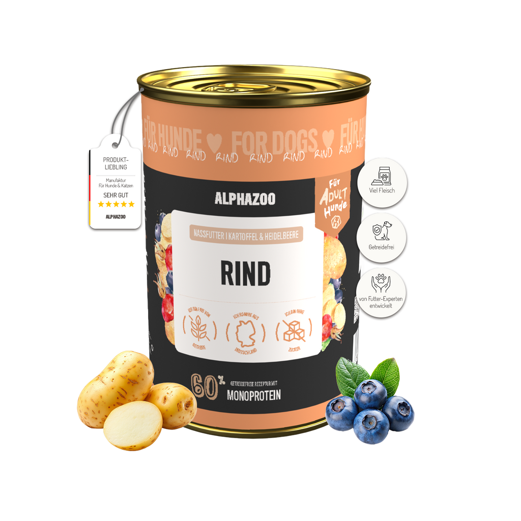 Monoprotein Rind Nassfutter für Hunde – 60% Fleisch, mit Heidelbeere, Hagebutte & Hanföl