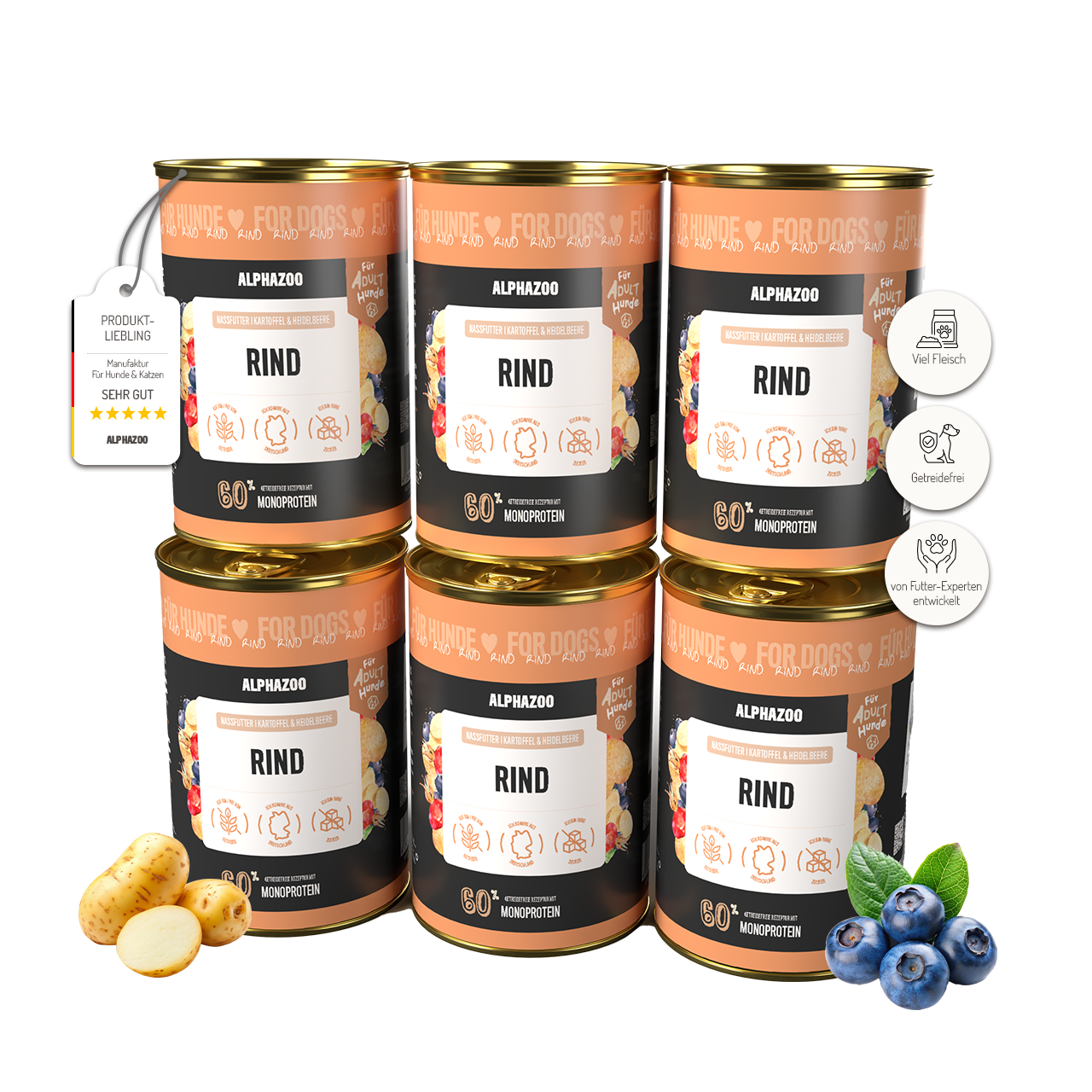 Monoprotein Rind Nassfutter für Hunde – 60% Fleisch, mit Heidelbeere, Hagebutte & Hanföl