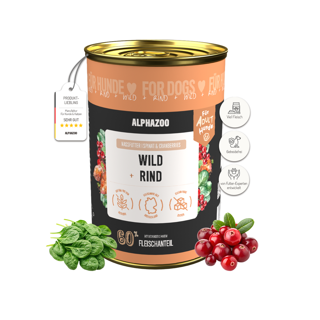Wild + Rind Nassfutter für Hunde – 60% Fleisch, mit Süßkartoffel, Spinat & Cranberries