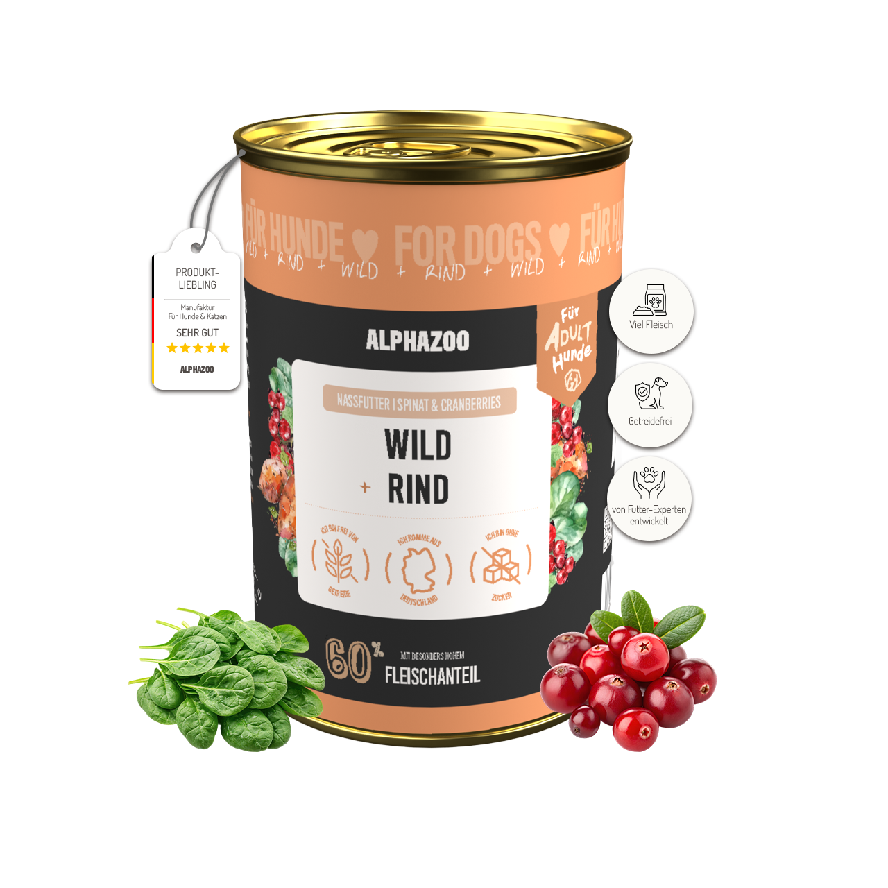 Wild + Rind Nassfutter für Hunde – 60% Fleisch, mit Süßkartoffel, Spinat & Cranberries