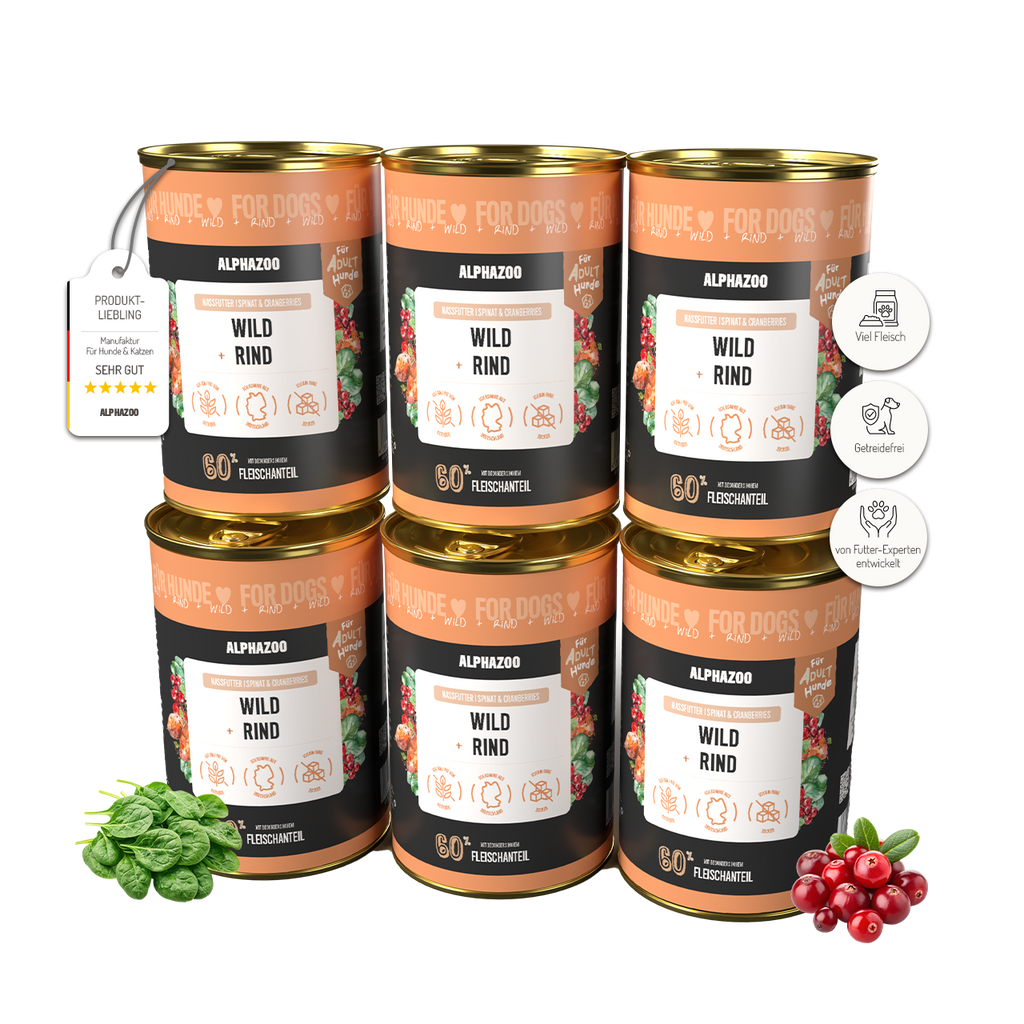 Wild + Rind Nassfutter für Hunde – 60% Fleisch, mit Süßkartoffel, Spinat & Cranberries