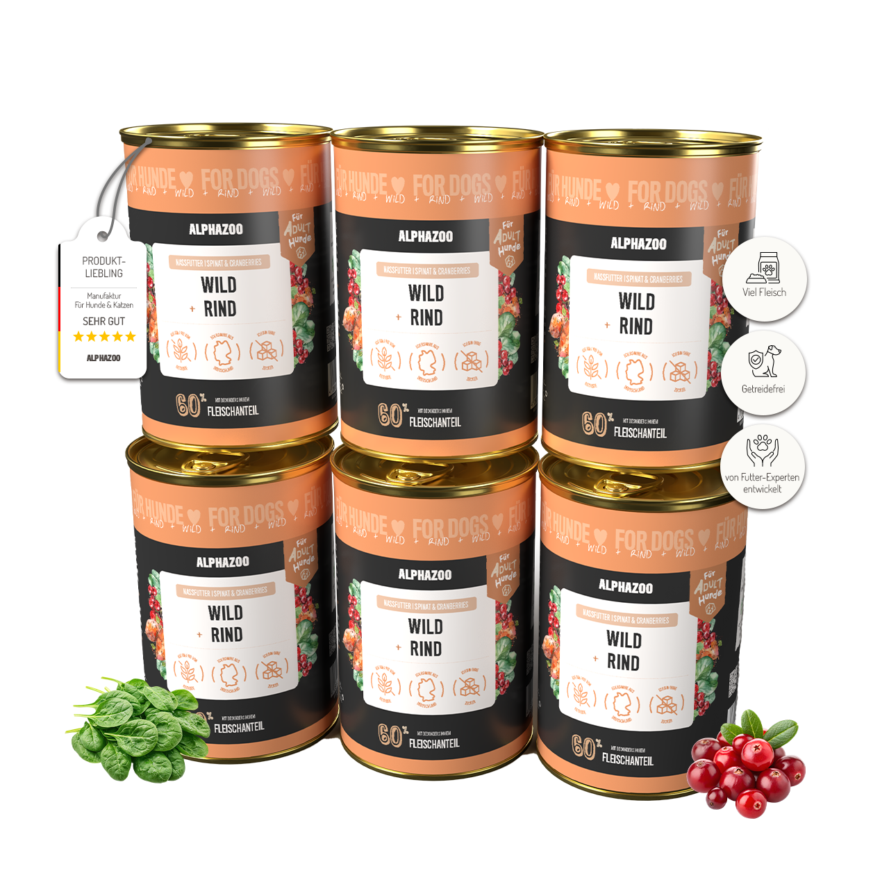 Wild + Rind Nassfutter für Hunde – 60% Fleisch, mit Süßkartoffel, Spinat & Cranberries