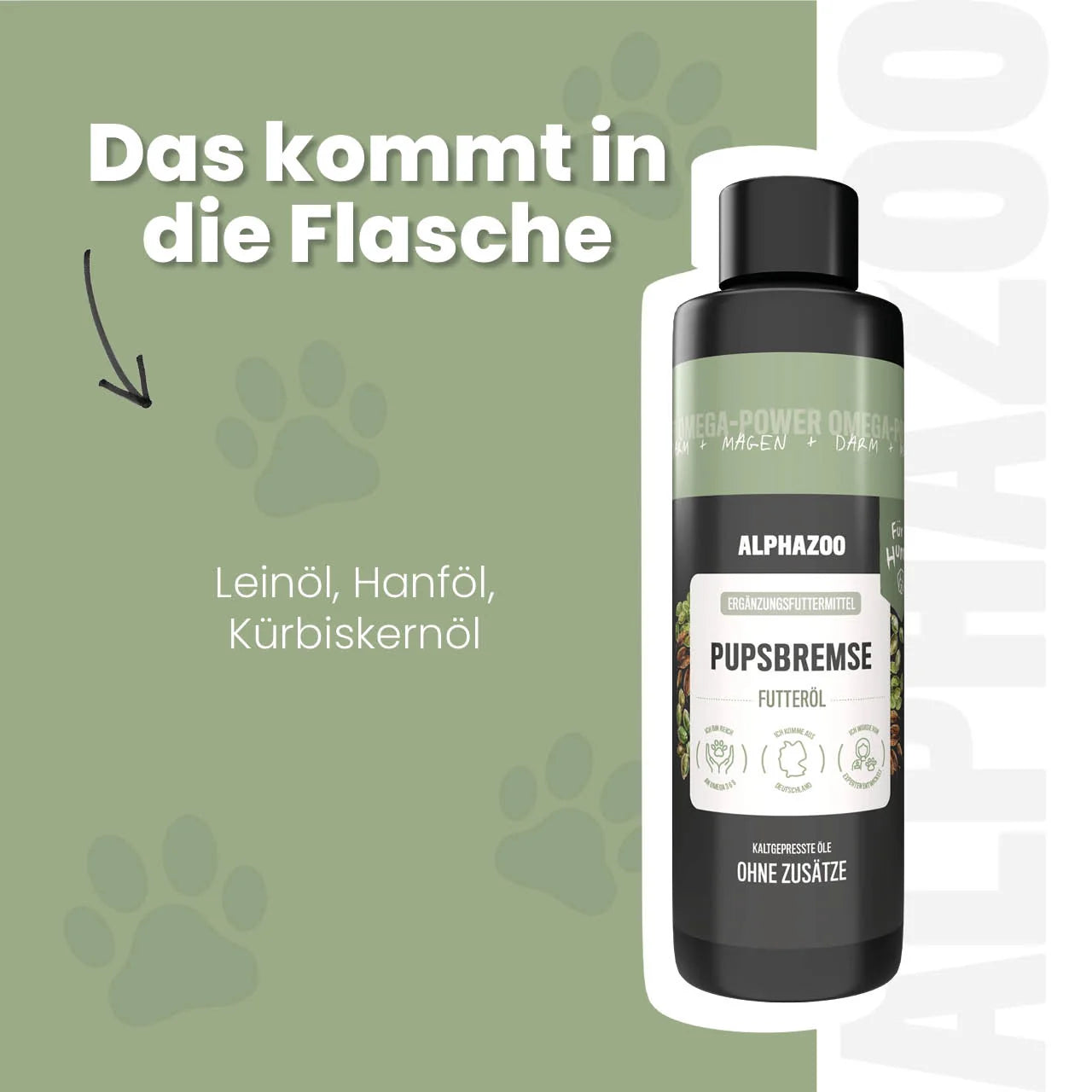 Pupsbremse Futteröl für Hunde – Lein, Hanf & Kürbiskern kaltgepresst