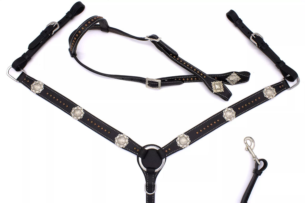 Westernset schwarz mit kupferfarbenen Nieten, silberfarbene Conchos, Einohr