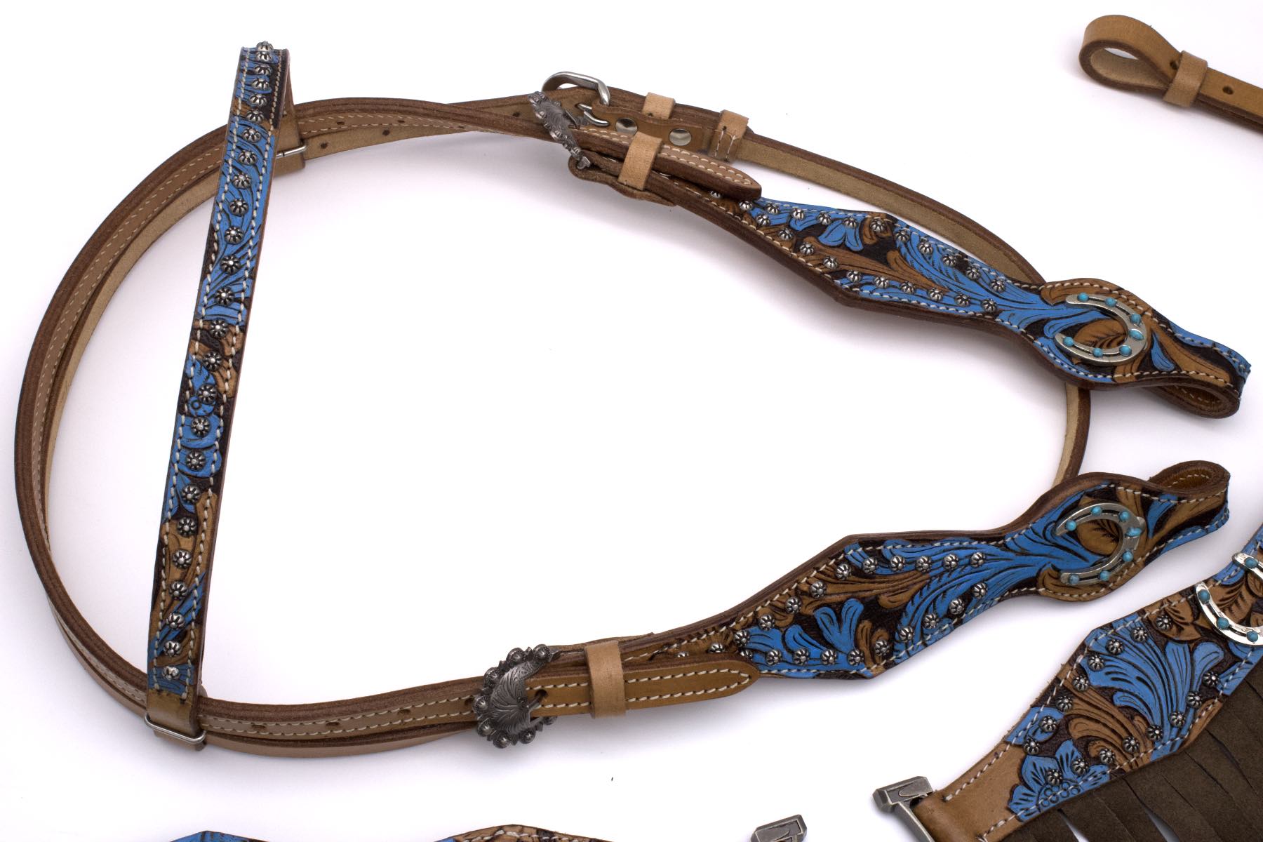 Westerntrense und Vorderzeug, Set mit punzierten Türkis und Hufeisenconchos,