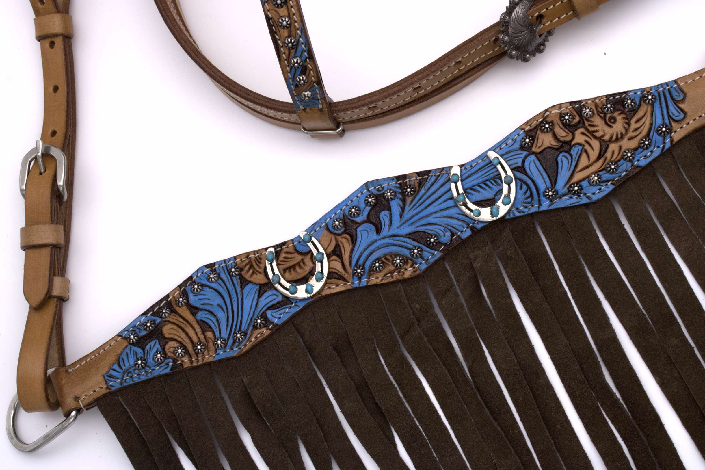 Westerntrense und Vorderzeug, Set mit punzierten Türkis und Hufeisenconchos,