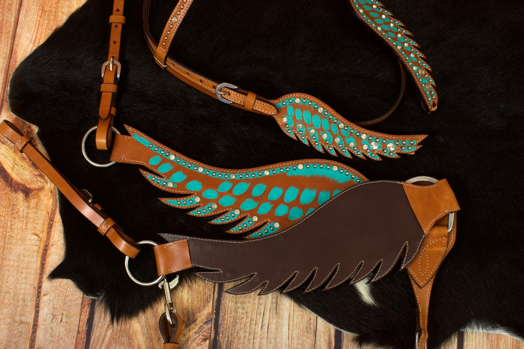 Wings Show Western-Kopfstück, Set aus Vorderzeug und Trense, türkis mit Strass, in Flügelform,